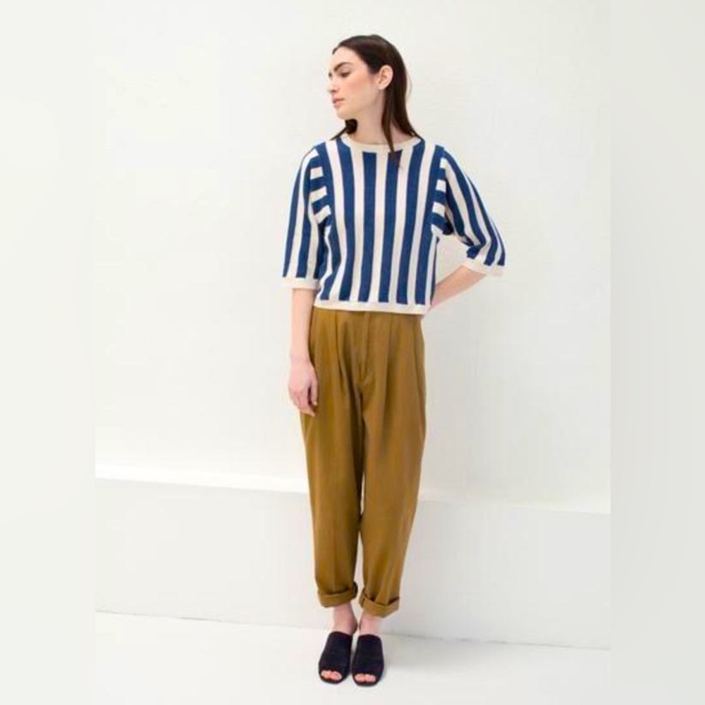 Micaela Greg • Navy & Cream Reverse Stripe Sweater Top • Size M